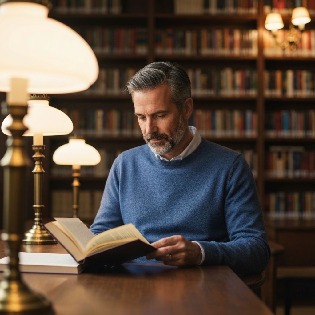 Pria paruh baya membaca buku di ruang baca yang tenang dengan rak buku di latar belakang