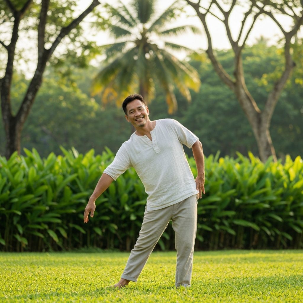 Pria paruh baya melakukan peregangan ringan di taman tropis di pagi hari